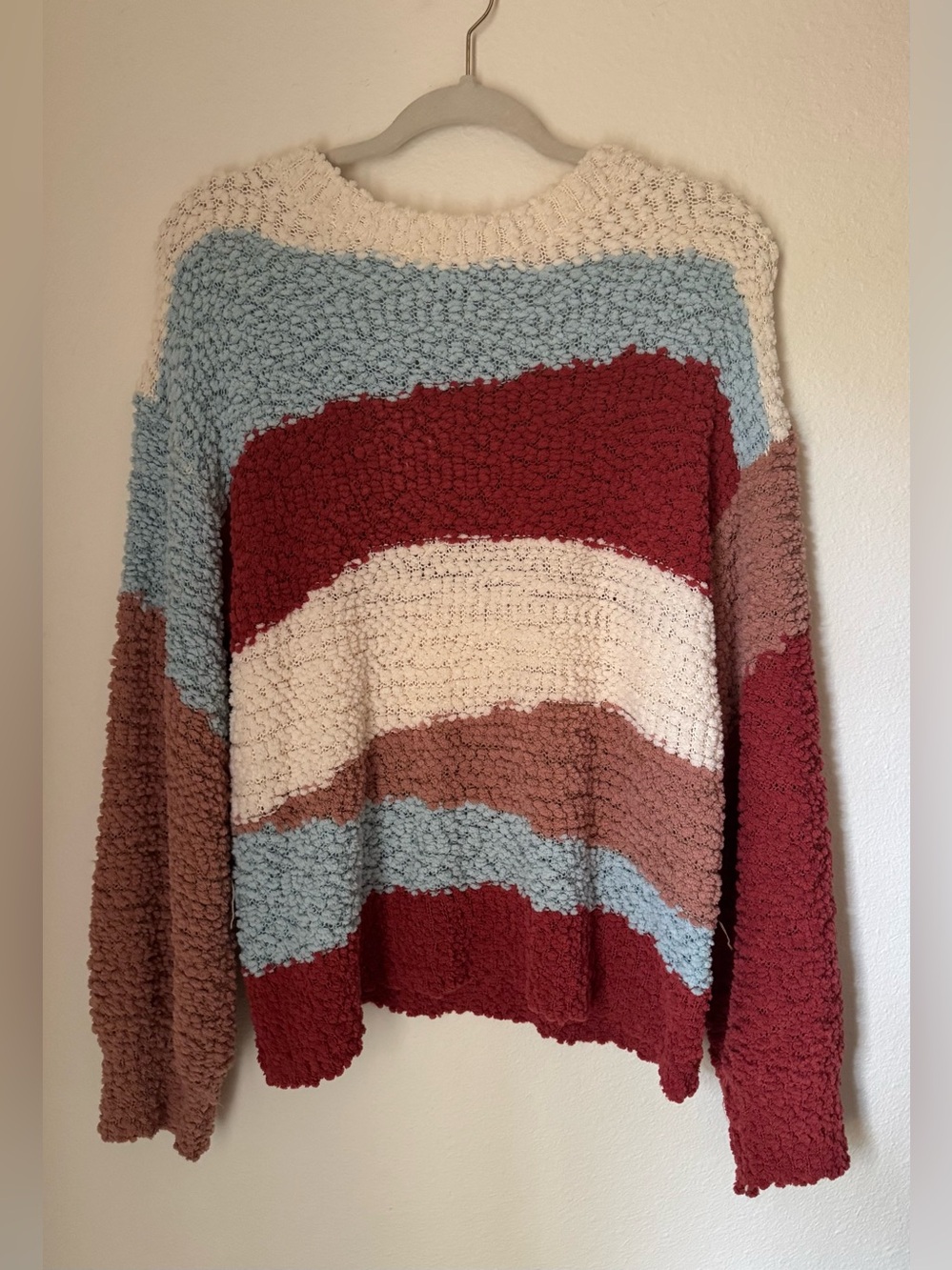 Listicle Multi-Stripe Popcorn Knit Sweater - Cream, Light Blue & Burgundy | Sz M